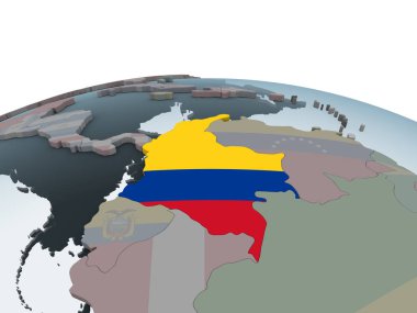 Kolombiya katıştırılmış bayrak ile siyasi dünya üzerinde. 3D çizim.