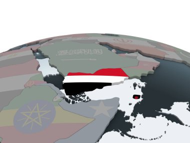 Yemen katıştırılmış bayrak ile siyasi dünya üzerinde. 3D çizim.