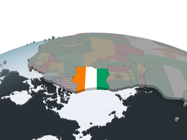 象牙海岸在嵌入式旗政治地球仪上 — 图库照片