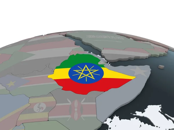 Etiopia Sul Globo Politico Con Bandiera Incorporata Illustrazione — Foto Stock