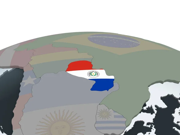 Paraguay on political globe with embedded flag. 3D illustration.