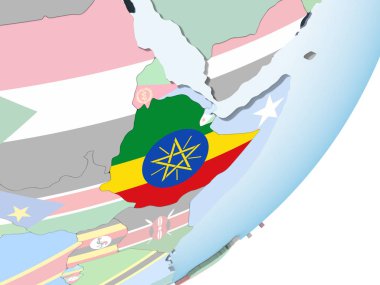 Etiyopya katıştırılmış bayrak ile parlak siyasi dünya üzerinde. 3D çizim.