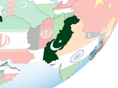 Pakistan katıştırılmış bayrak ile parlak siyasi dünya üzerinde. 3D çizim.