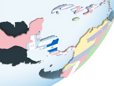 Nikaragua katıştırılmış bayrak ile parlak siyasi dünya üzerinde. 3D çizim.
