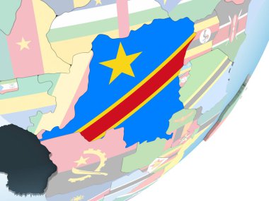 Demokratik Kongo Cumhuriyeti katıştırılmış bayrak ile parlak siyasi dünya üzerinde. 3D çizim.