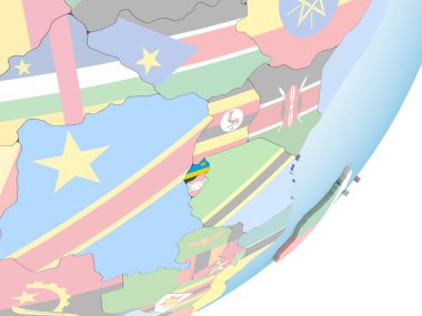 Ruanda katıştırılmış bayrak ile parlak siyasi dünya üzerinde. 3D çizim.