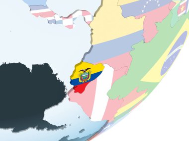 Ekvador katıştırılmış bayrak ile parlak siyasi dünya üzerinde. 3D çizim.