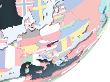 Slovakya katıştırılmış bayrak ile parlak siyasi dünya üzerinde. 3D çizim.