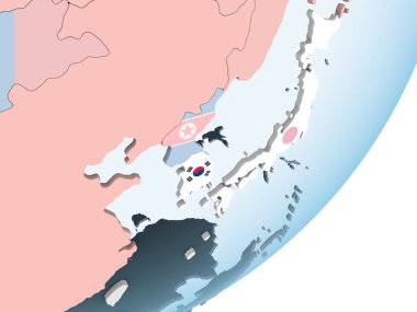 Güney Kore katıştırılmış bayrak ile parlak siyasi dünya üzerinde. 3D çizim.