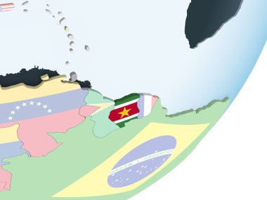 Surinam katıştırılmış bayrak ile parlak siyasi dünya üzerinde. 3D çizim.