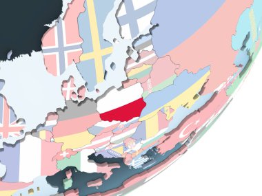 Polonya katıştırılmış bayrak ile parlak siyasi dünya üzerinde. 3D çizim.