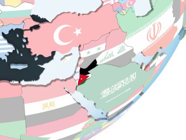 Jordan katıştırılmış bayrak ile parlak siyasi dünya üzerinde. 3D çizim.