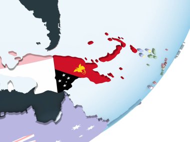 Papua Yeni Gine katıştırılmış bayrak ile parlak siyasi dünya üzerinde. 3D çizim.