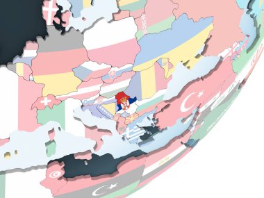 Sırbistan katıştırılmış bayrak ile parlak siyasi dünya üzerinde. 3D çizim.