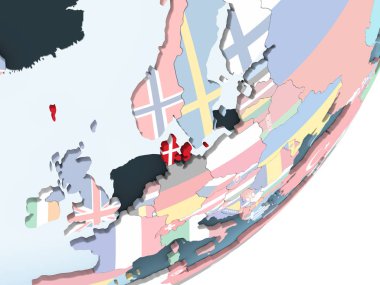 Danimarka katıştırılmış bayrak ile parlak siyasi dünya üzerinde. 3D çizim.
