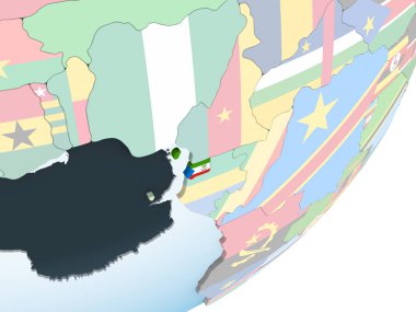 Ekvator Ginesi katıştırılmış bayrak ile parlak siyasi dünya üzerinde. 3D çizim.