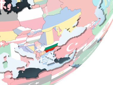 Bulgaristan katıştırılmış bayrak ile parlak siyasi dünya üzerinde. 3D çizim.