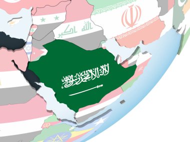 Suudi Arabistan katıştırılmış bayrak ile parlak siyasi dünya üzerinde. 3D çizim.