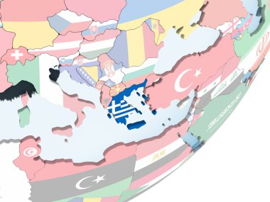 Yunanistan katıştırılmış bayrak ile parlak siyasi dünya üzerinde. 3D çizim.