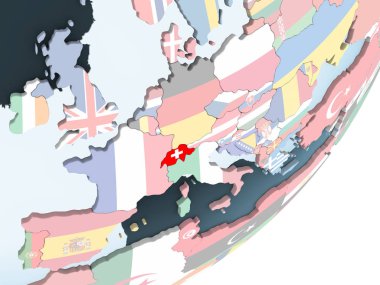 İsviçre katıştırılmış bayrak ile parlak siyasi dünya üzerinde. 3D çizim.
