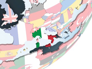 İtalya katıştırılmış bayrak ile parlak siyasi dünya üzerinde. 3D çizim.