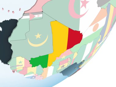 Mali katıştırılmış bayrak ile parlak siyasi dünya üzerinde. 3D çizim.