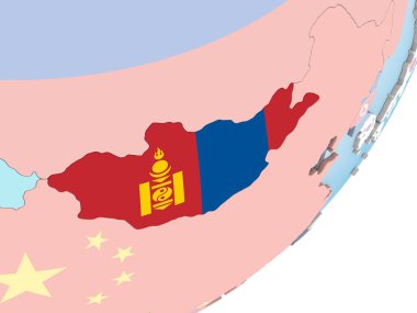 Moğolistan katıştırılmış bayrak ile parlak siyasi dünya üzerinde. 3D çizim.