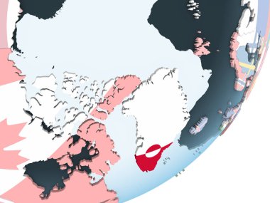Grönland katıştırılmış bayrak ile parlak siyasi dünya üzerinde. 3D çizim.