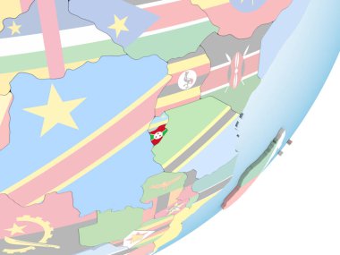 Burundi katıştırılmış bayrak ile parlak siyasi dünya üzerinde. 3D çizim.