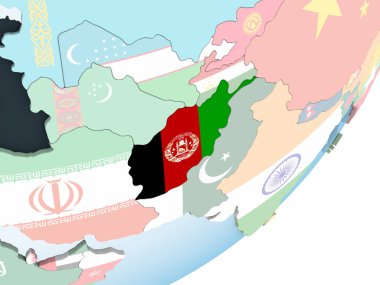 Afganistan katıştırılmış bayrak ile parlak siyasi dünya üzerinde. 3D çizim.