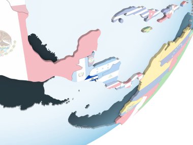 El Salvador katıştırılmış bayrak ile parlak siyasi dünya üzerinde. 3D çizim.