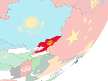 Kırgızistan katıştırılmış bayrak ile parlak siyasi dünya üzerinde. 3D çizim.