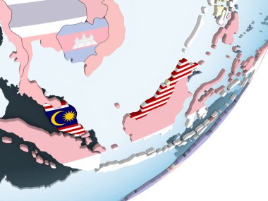 Malezya katıştırılmış bayrak ile parlak siyasi dünya üzerinde. 3D çizim.