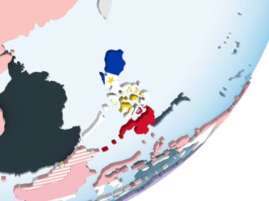 Filipinler katıştırılmış bayrak ile parlak siyasi dünya üzerinde. 3D çizim.