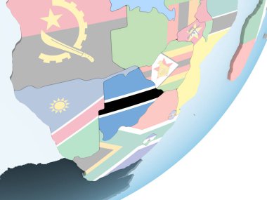 Botsvana katıştırılmış bayrak ile parlak siyasi dünya üzerinde. 3D çizim.