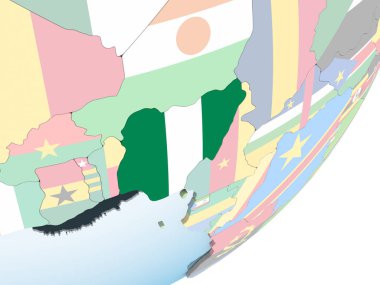 Nijerya katıştırılmış bayrak ile parlak siyasi dünya üzerinde. 3D çizim.