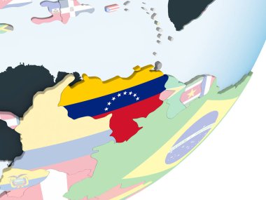 Venezuela katıştırılmış bayrak ile parlak siyasi dünya üzerinde. 3D çizim.