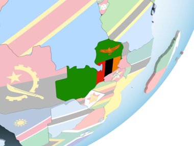 Zambiya katıştırılmış bayrak ile parlak siyasi dünya üzerinde. 3D çizim.