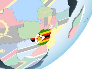 Zimbabve katıştırılmış bayrak ile parlak siyasi dünya üzerinde. 3D çizim.