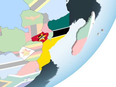 Mozambik katıştırılmış bayrak ile parlak siyasi dünya üzerinde. 3D çizim.