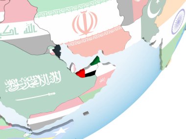 Birleşik Arap Emirlikleri katıştırılmış bayrak ile parlak siyasi dünya üzerinde. 3D çizim.