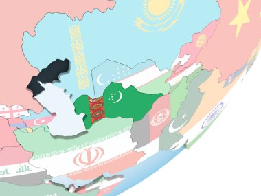 Türkmenistan katıştırılmış bayrak ile parlak siyasi dünya üzerinde. 3D çizim.