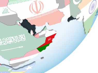 Umman katıştırılmış bayrak ile parlak siyasi dünya üzerinde. 3D çizim.