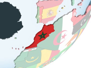 Fas katıştırılmış bayrak ile parlak siyasi dünya üzerinde. 3D çizim.