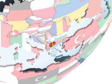 Makedonya katıştırılmış bayrak ile parlak siyasi dünya üzerinde. 3D çizim.