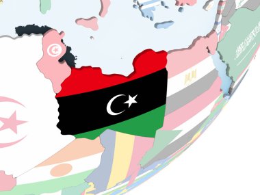Libya katıştırılmış bayrak ile parlak siyasi dünya üzerinde. 3D çizim.