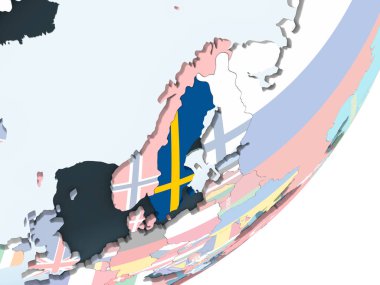 İsveç katıştırılmış bayrak ile parlak siyasi dünya üzerinde. 3D çizim.