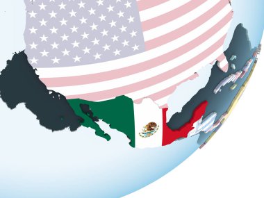 Meksika katıştırılmış bayrak ile parlak siyasi dünya üzerinde. 3D çizim.