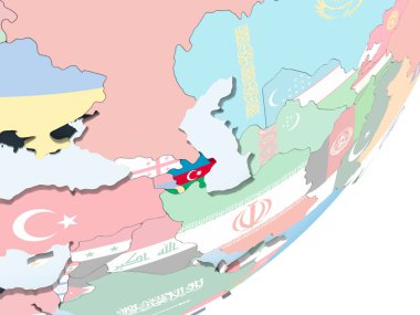 Azerbaycan katıştırılmış bayrak ile parlak siyasi dünya üzerinde. 3D çizim.