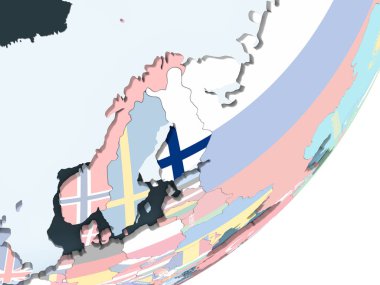 Finlandiya katıştırılmış bayrak ile parlak siyasi dünya üzerinde. 3D çizim.